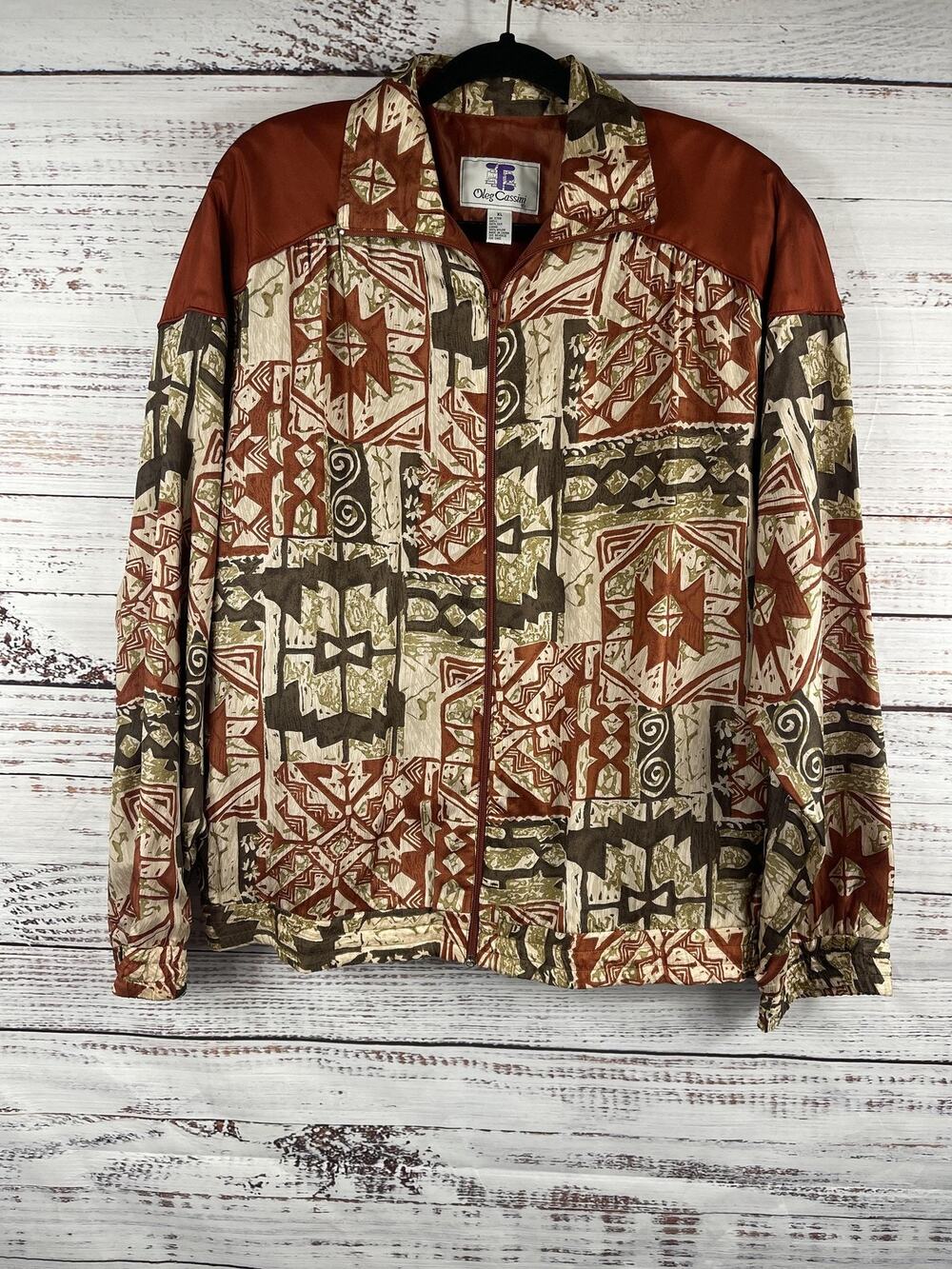 Oleg Cassini Jacket Men's SZ XL Multicolor Silk Aztec Print Full Zip Windbreaker